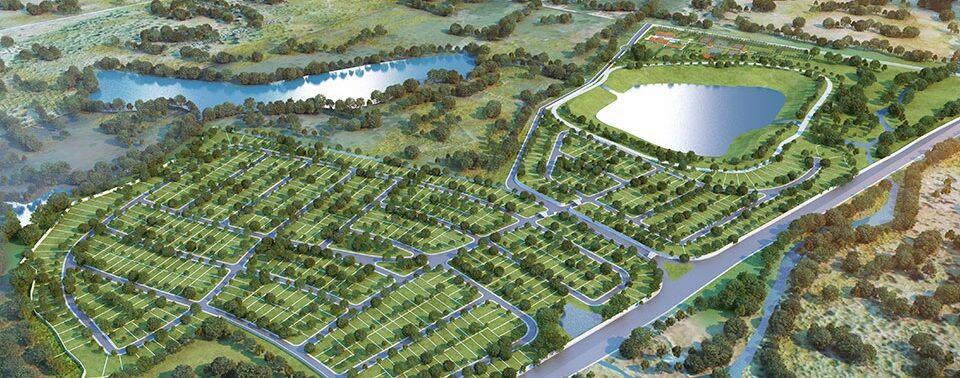 Perspectiva ilustrativa do masterplan com lotes, lago e Home Club